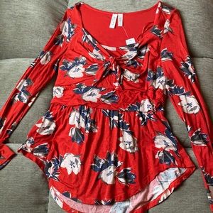 Anthropologie Red Floral Tie-Front Long Sleeve Top